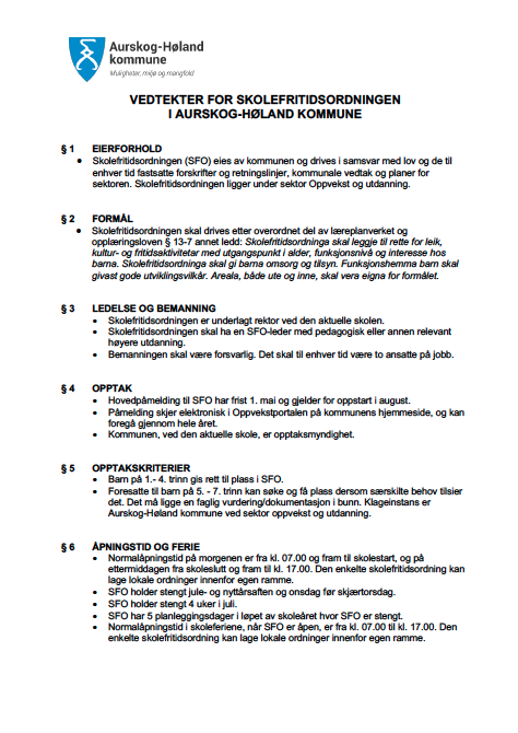 Aurskog-Høland Kommune - Vedtekter For SFO