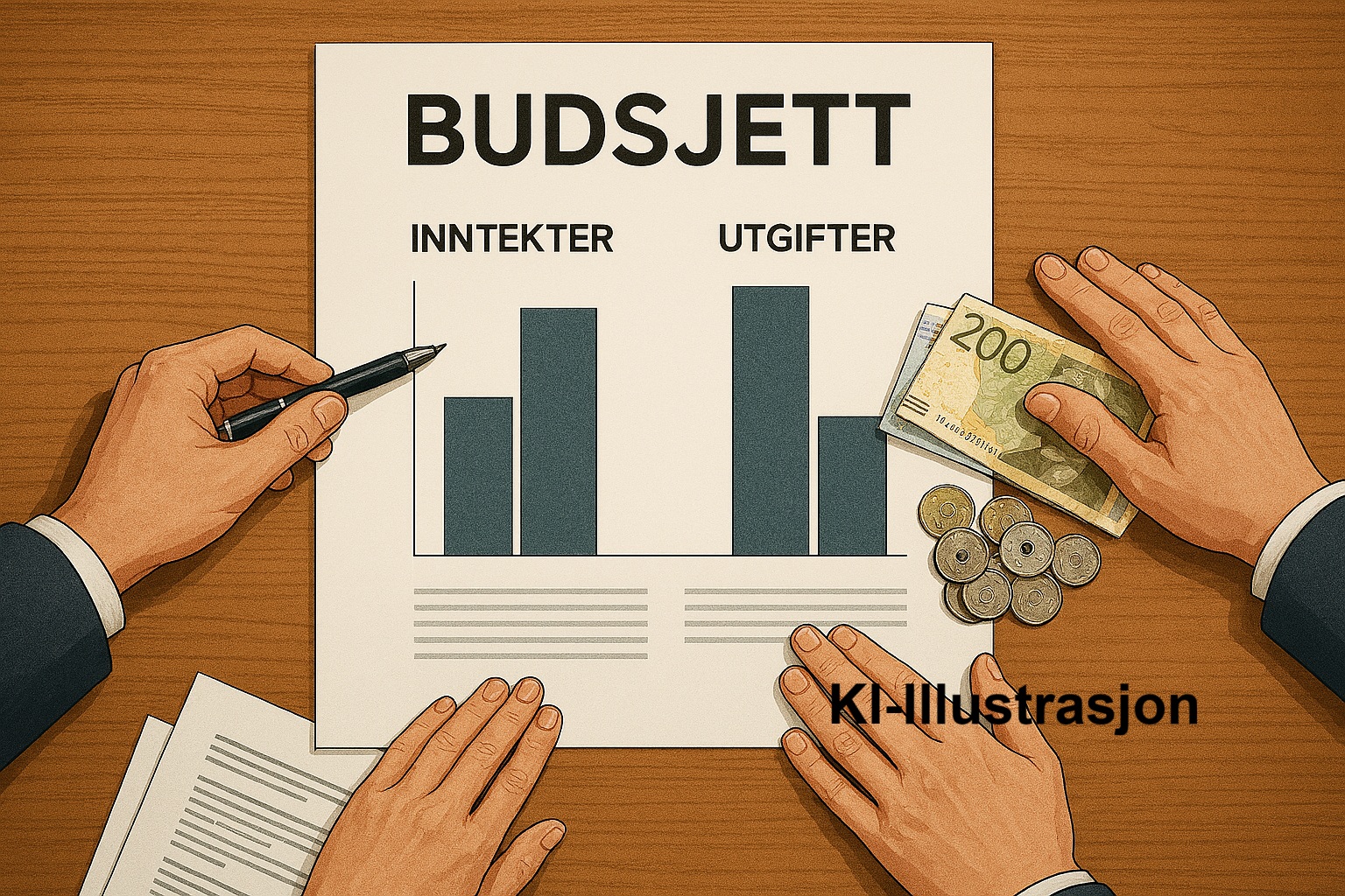 bilde av penger, hender og busjett i tekst. 
